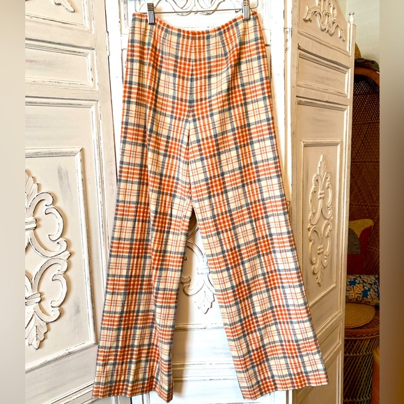 Vintage Pendleton Wool Plaid Pants Lined Size Small Peach Cream Orange Blue 70s - Picture 1 of 11